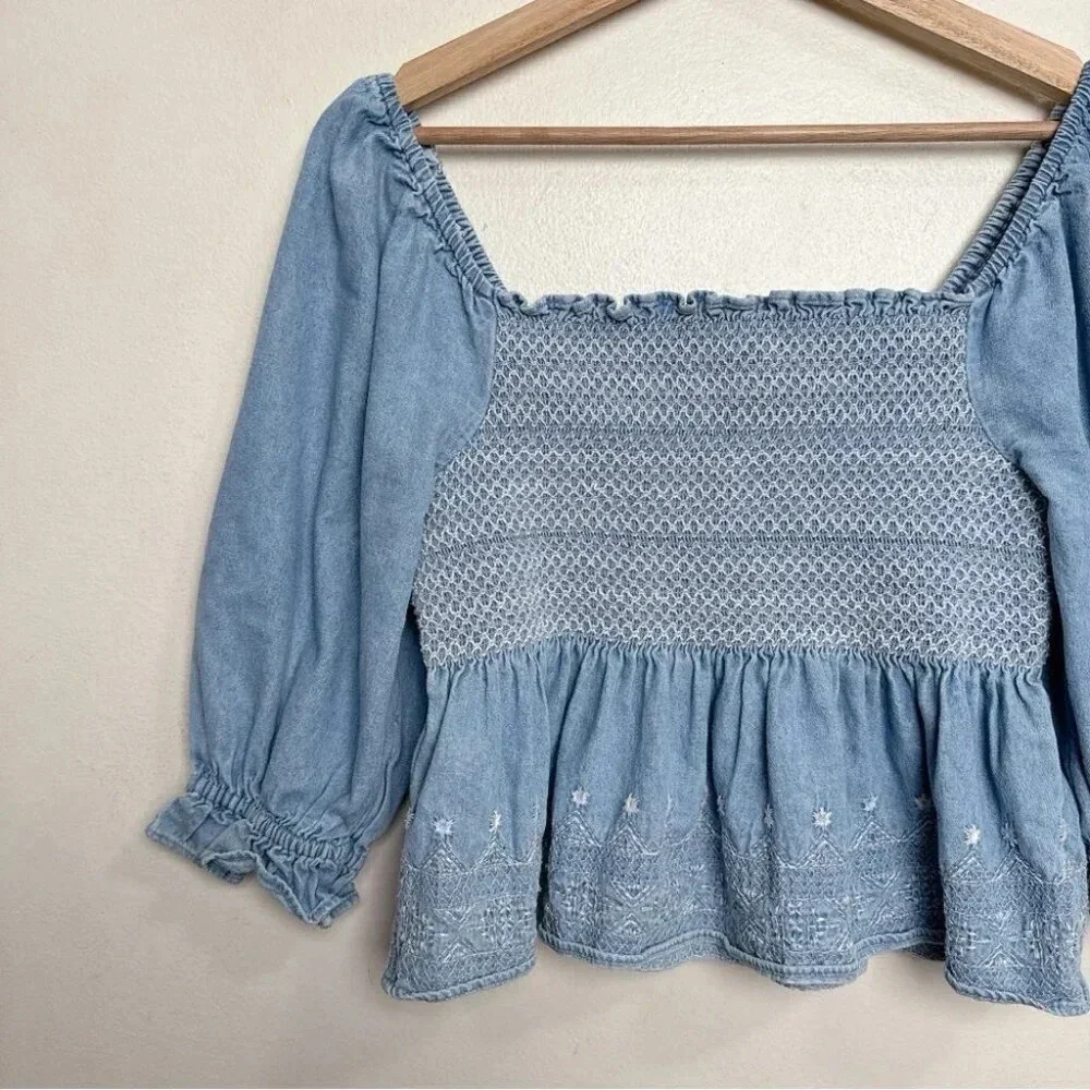 American Eagle Womens Small Smocked Square Neck Babydoll Chambray Top - Picture 6 of 14